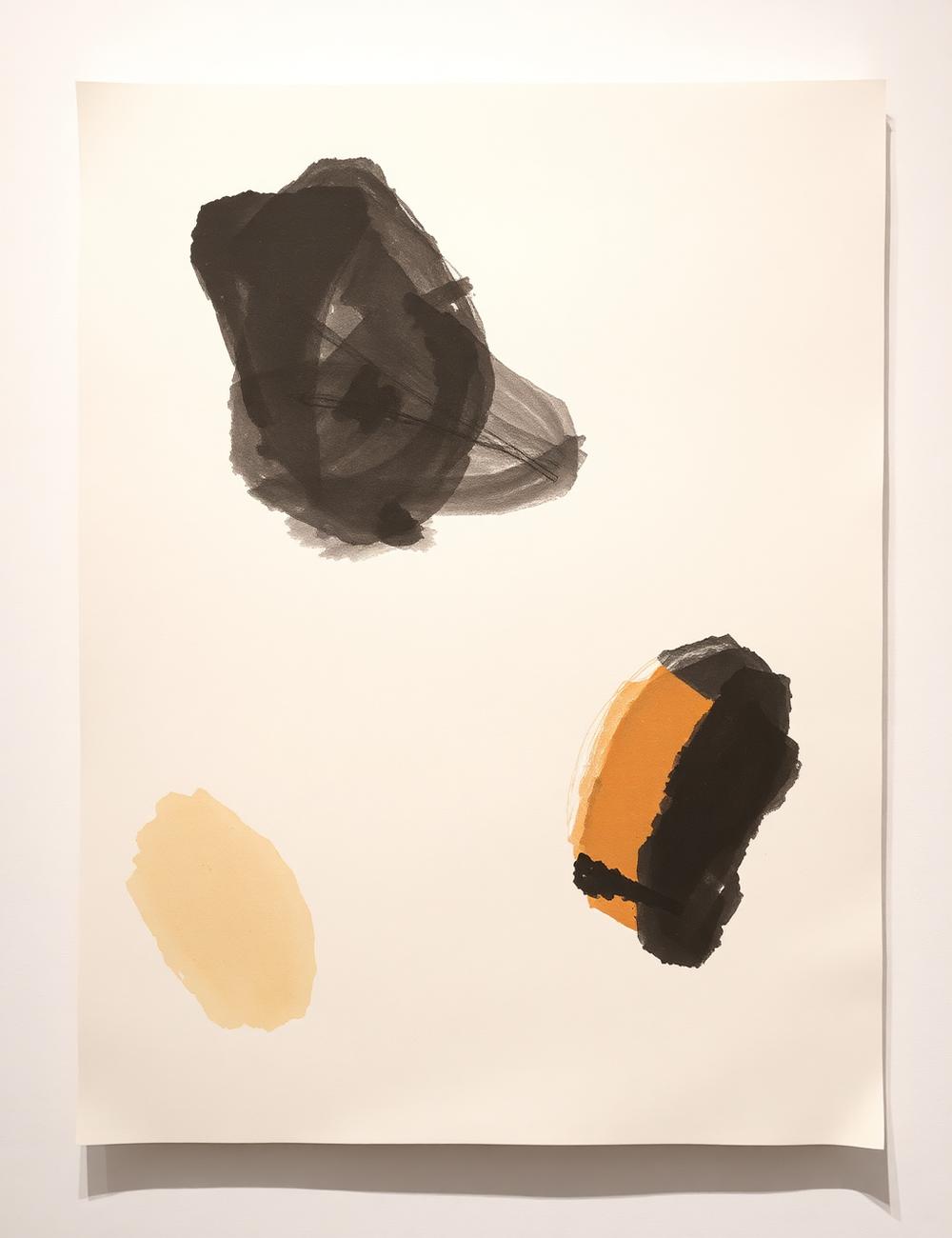 Minimal abstract artwork on ivory paper with charcoal and ochre gestural forms