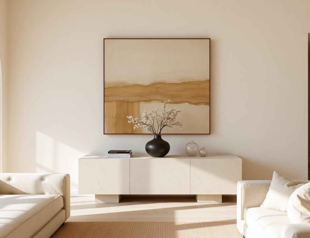 Calm contemporary living room with a large abstract canvas above a stone console