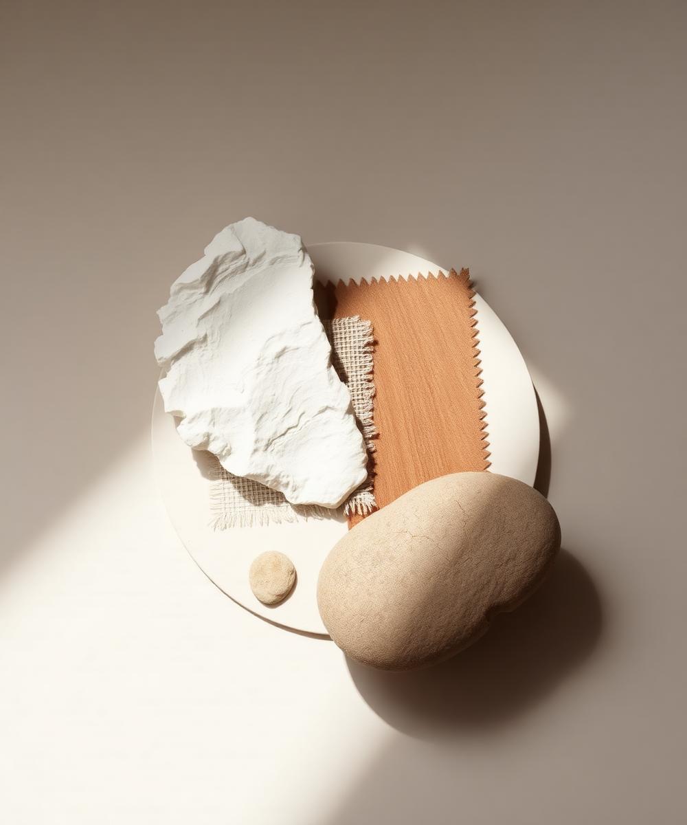 Still life of plaster, linen and stone fragments on an ivory backdrop